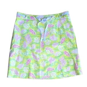 Key West Shell Pattern Skirt Cotton Lined Pink Lime Green Ribbon Tie, Size 2